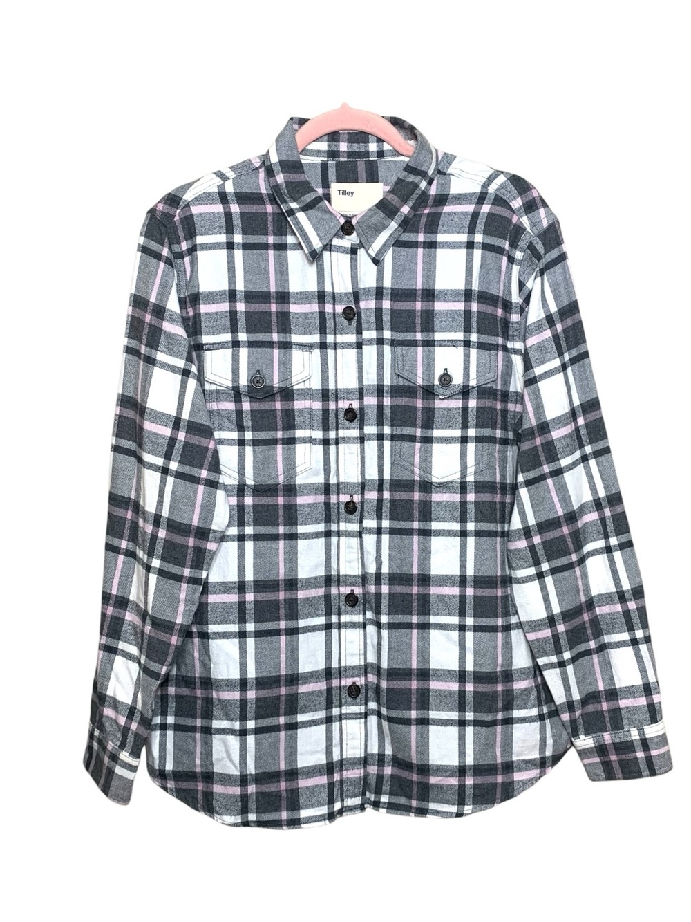 Tilley Plaid Flannel Button-Up Shirt 100% Cotton Sz L Black White Pink